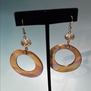 Iridescent Gold Tone Shell and Silver Hoop Earrings